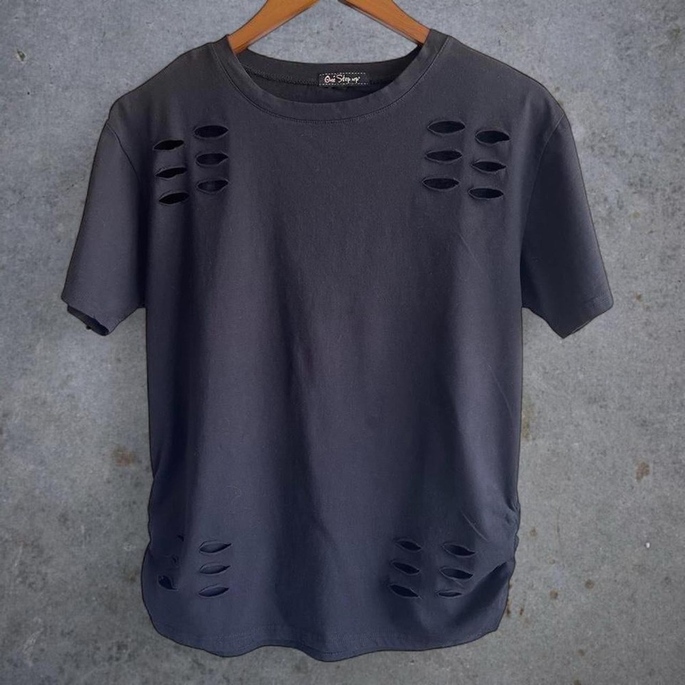 One Step Up Black Distressed Slashed Cutout Tee Custom Ruched Grunge Goth Medium